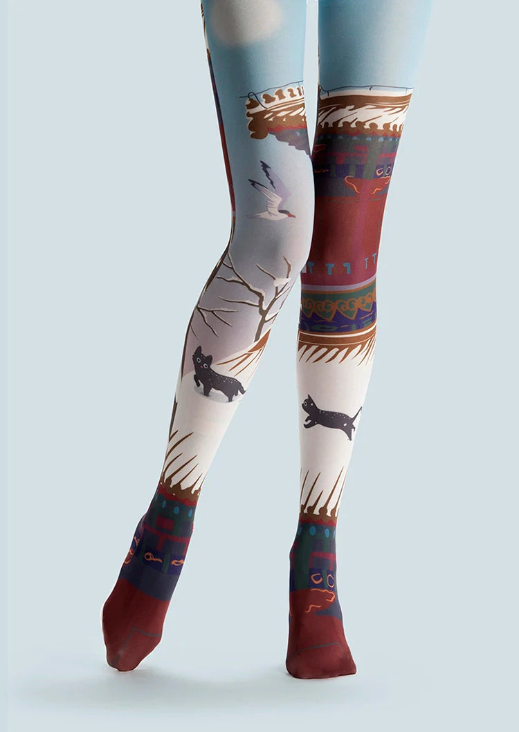 Viken Plan Fun art Print Tights Cute Pantyhose/Tights [Snowy eaves]