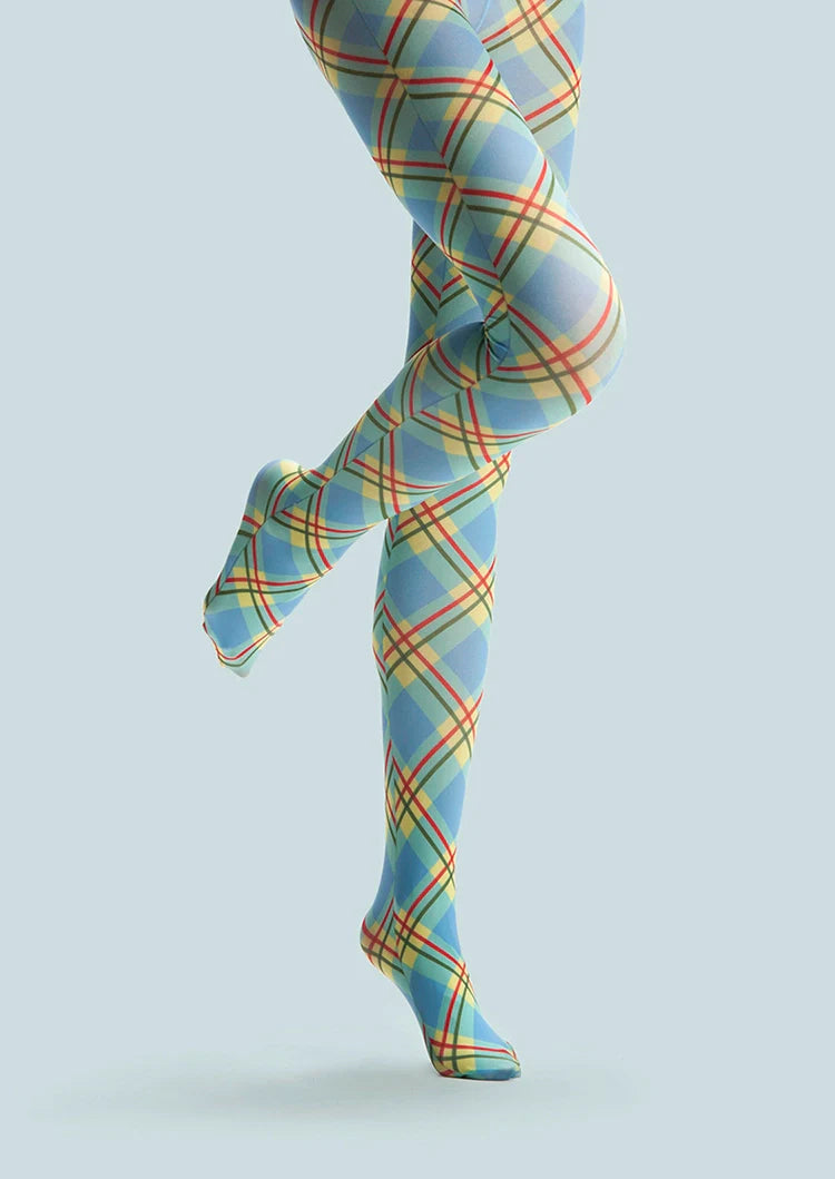 Viken Plan College Art Print Tights Colored stripes Pantyhose/Tights [Sky blue check]