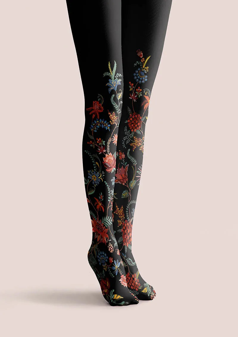 Viken Plan Exotic Floral Black Tights Hosiery Pantyhose