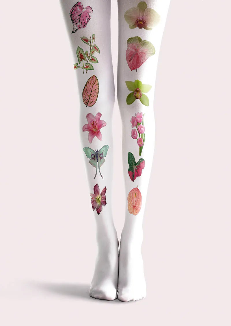 Viken Plan White Botanical Collage Y2K Style Tights Hosiery Pantyhose