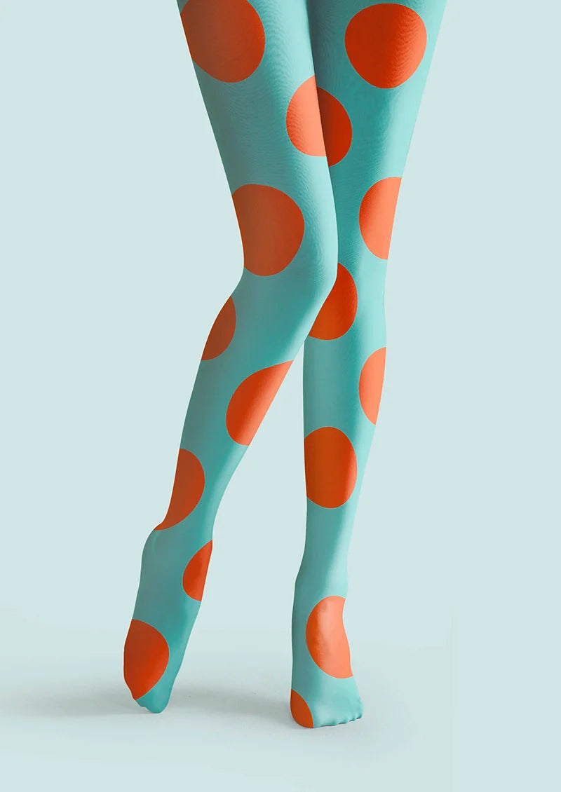 Viken Plan Aqua Blue & Orange Polka Dots Tights Hosiery Pantyhose