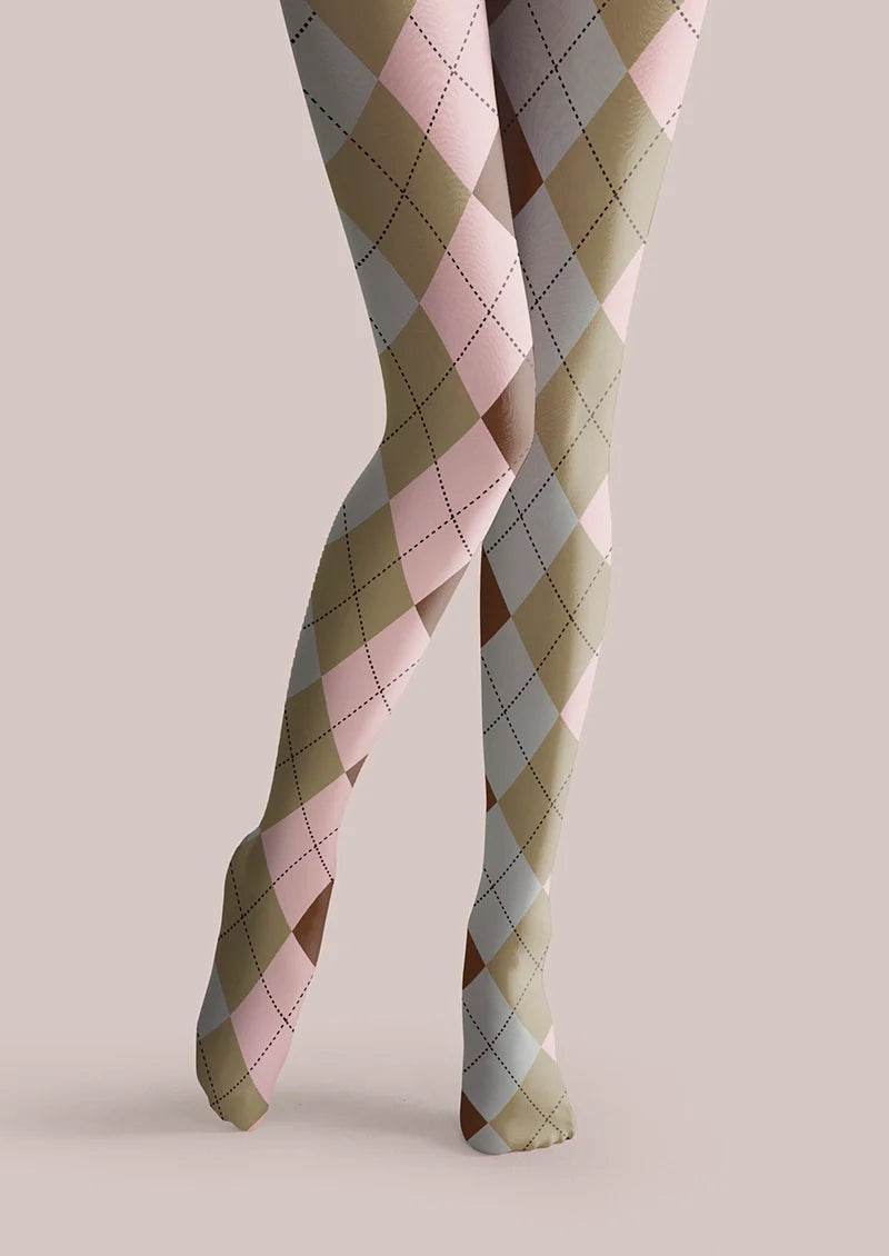 Viken Plan Pinkish Yellow Plaid Tights Hosiery Pantyhose