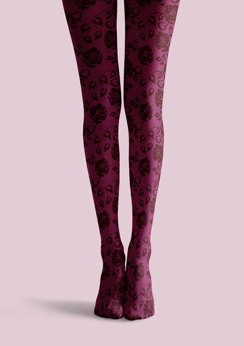 Viken Plan Lace Print Rose Bloom Tights Hosiery Pantyhose