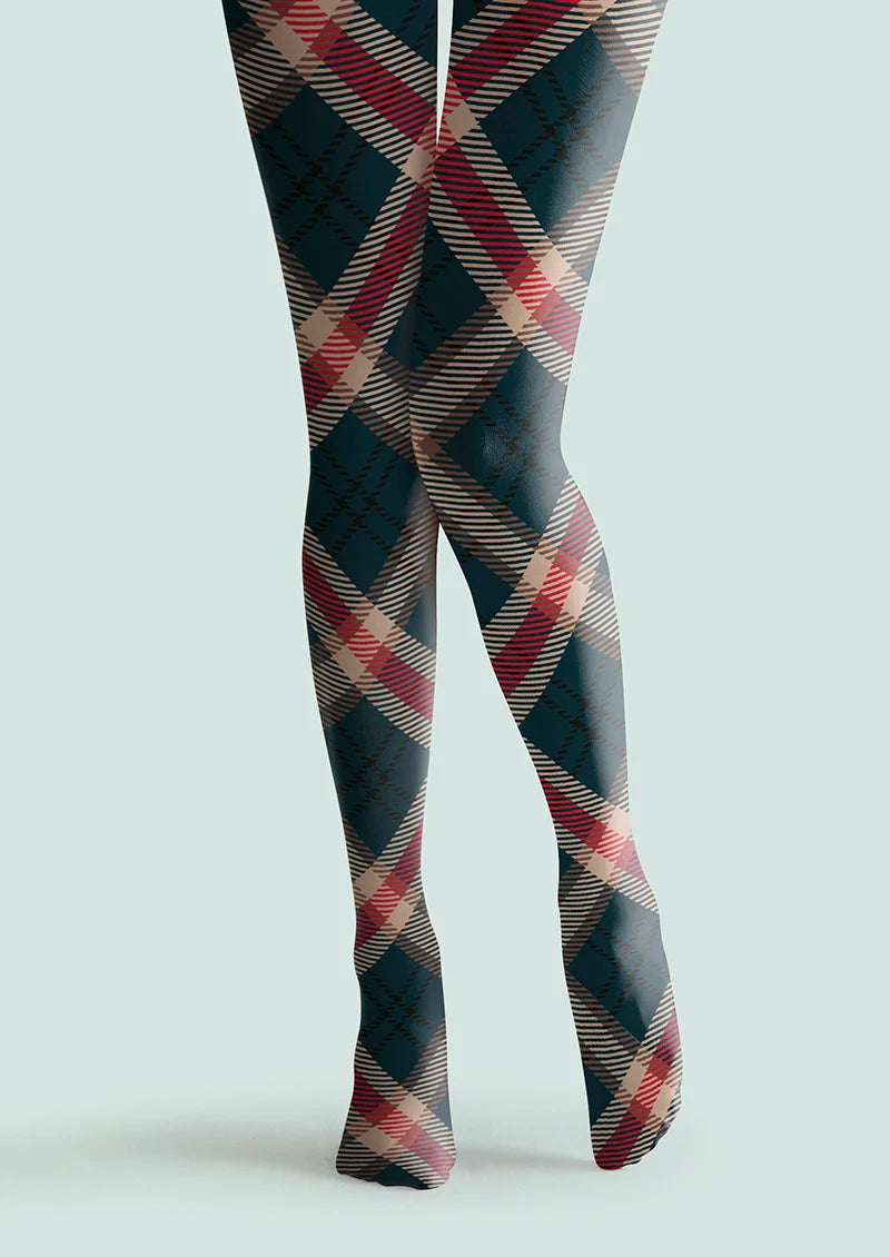 Viken Plan Deep Blue-khaki-red Striped Check Tights Hosiery Pantyhose