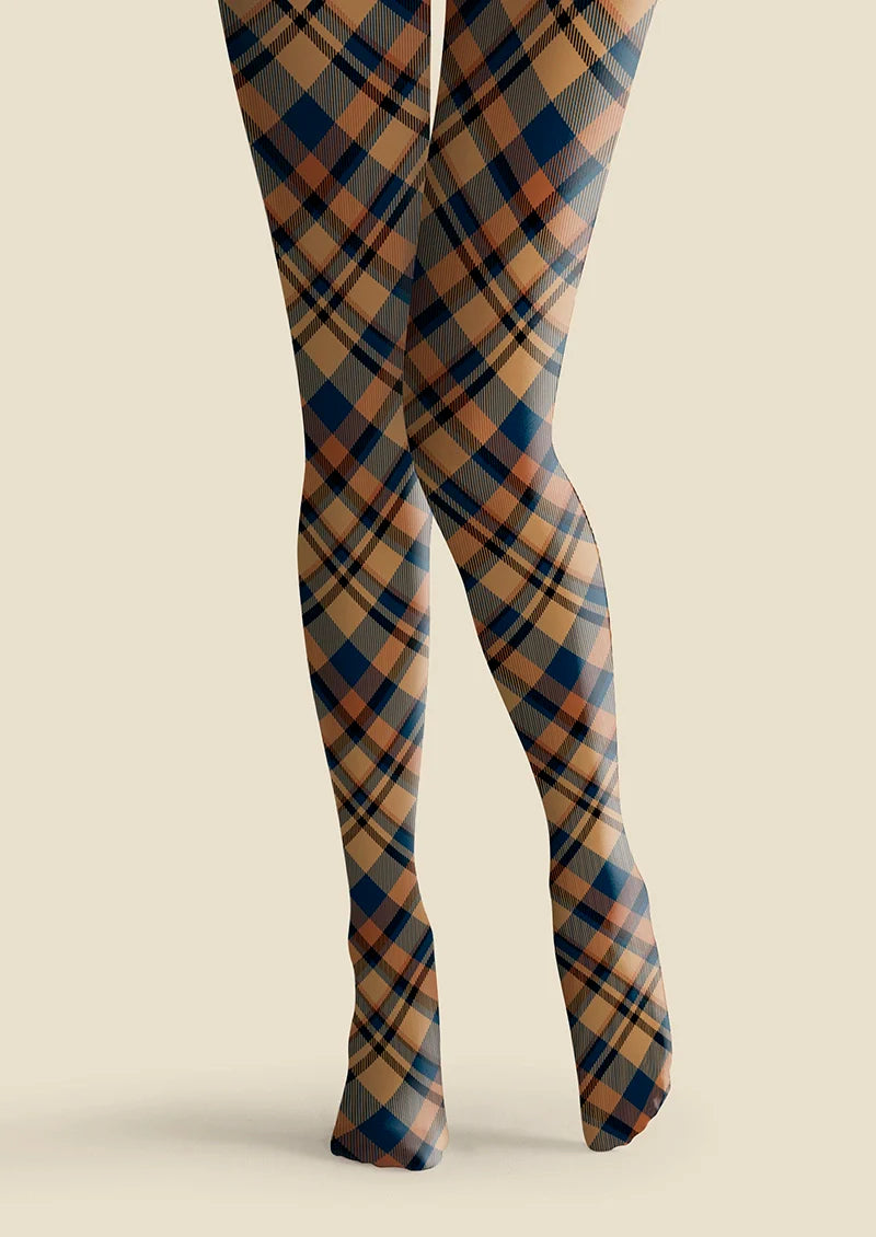 Viken Plan Brown- blue  stripes Checked Tights Hosiery Pantyhose
