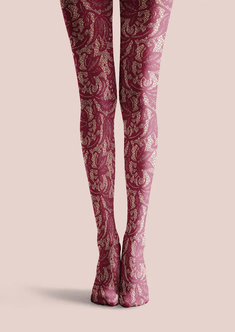 Viken Plan Lace Print Rose Grid Tights Hosiery Pantyhose