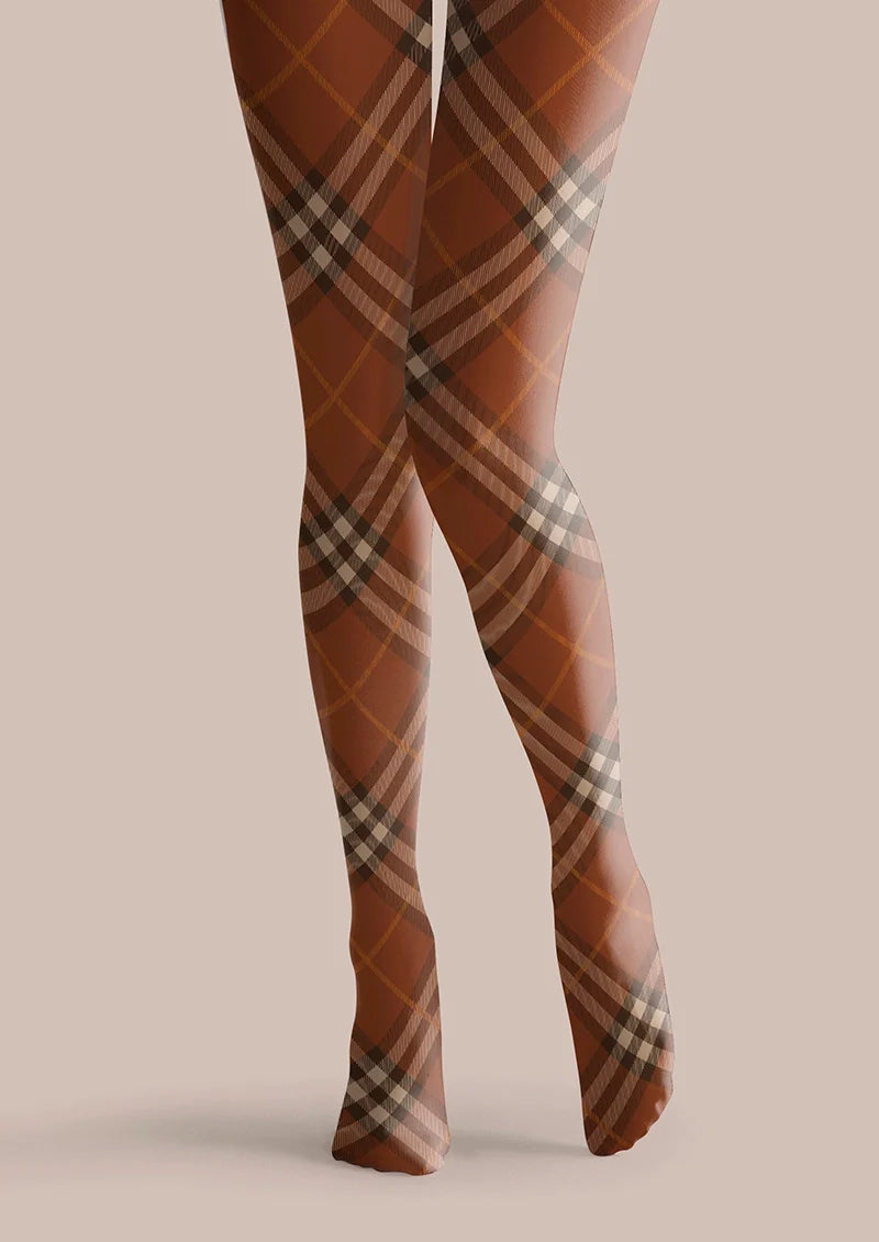 Viken Plan Cappuccion brown Maillard  Check Tights Hosiery Pantyhose
