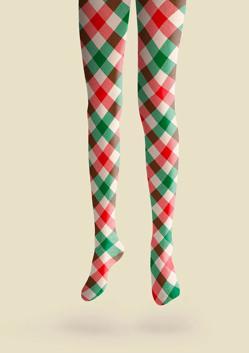Viken Plan Christmas red-green stripes Checked pattern Tights Hosiery Pantyhose