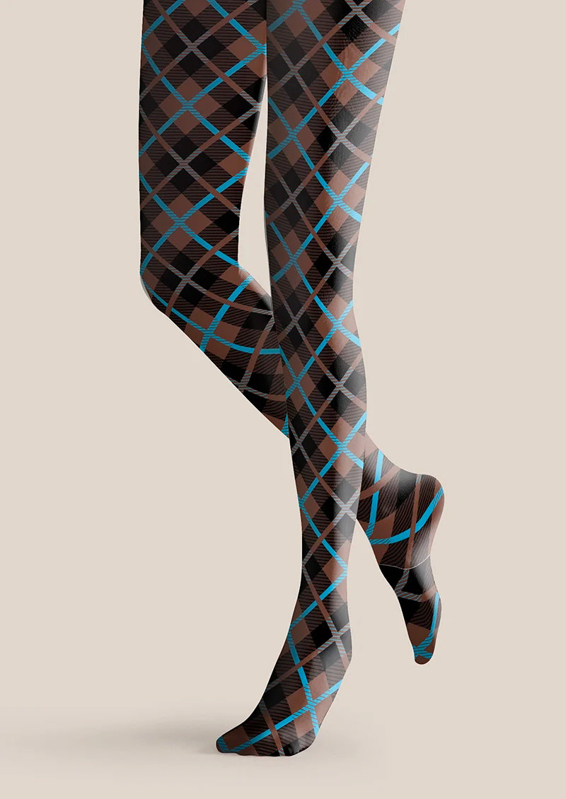 Viken Plan Brown Blue Check College Tights Hosiery Pantyhose