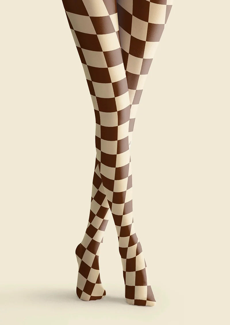 Viken Plan Brown-pale Yellow Checkered Tights Hosiery Pantyhose