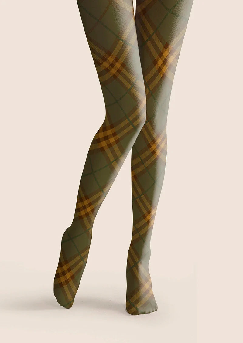 Viken Plan Olive green Maillard Check Tights Hosiery Pantyhose