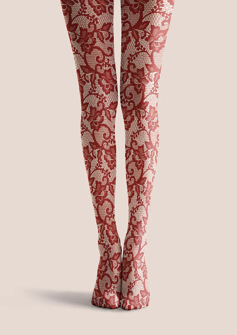 Viken Plan Lace Print Scarlet Bloom Tights Hosiery Pantyhose