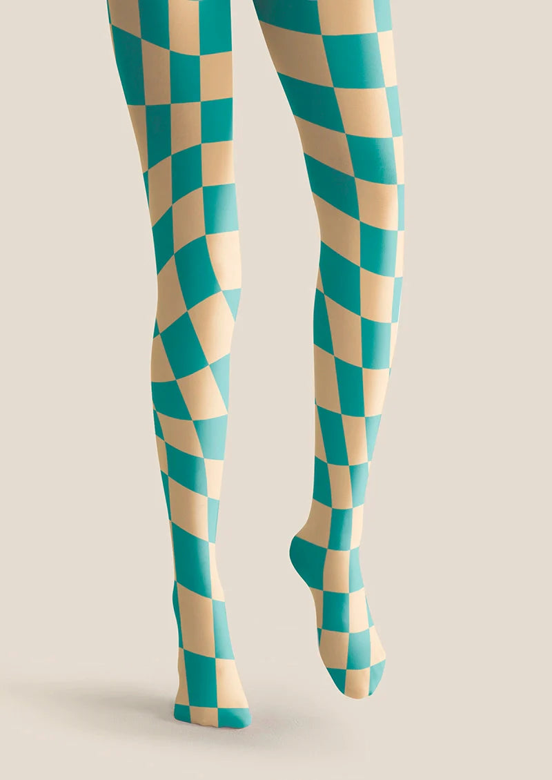 Viken Plan Aqua Green Checked Tights Hosiery Pantyhose