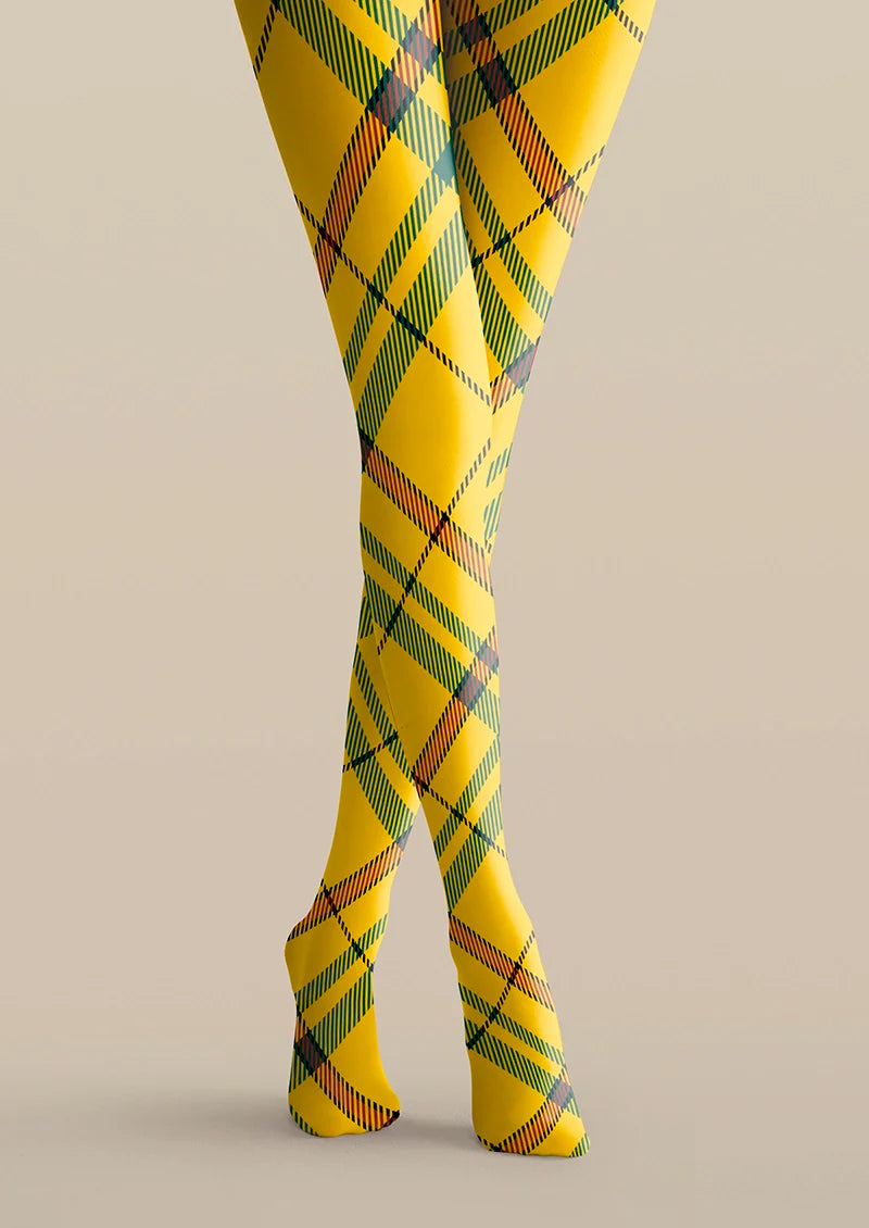 Viken Plan Yellow Striped Check Tights Hosiery Pantyhose