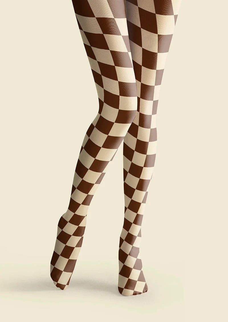 Viken Plan Brown-pale Yellow Checkered Tights Hosiery Pantyhose