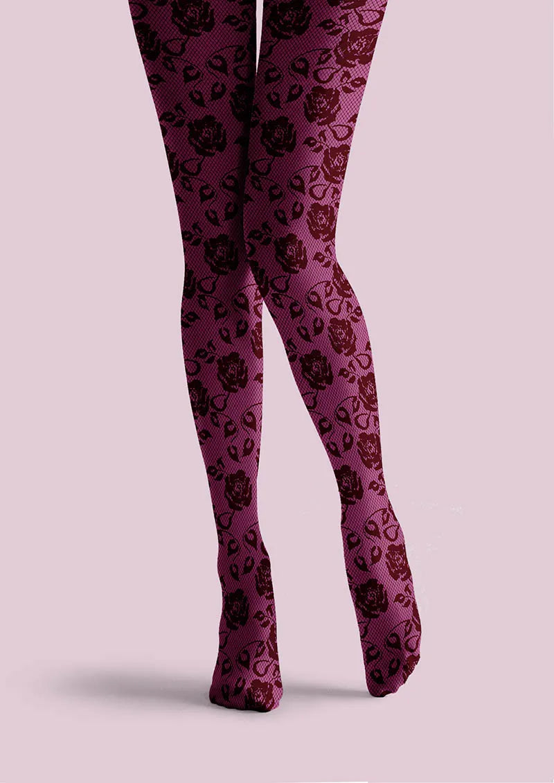 Viken Plan Lace Print Rose Bloom Tights Hosiery Pantyhose