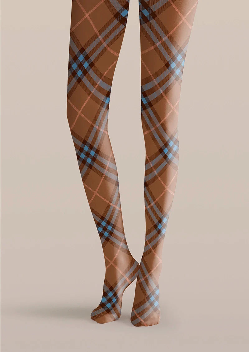 Viken Plan Brown-blue Maillard Check Tights Hosiery Pantyhose
