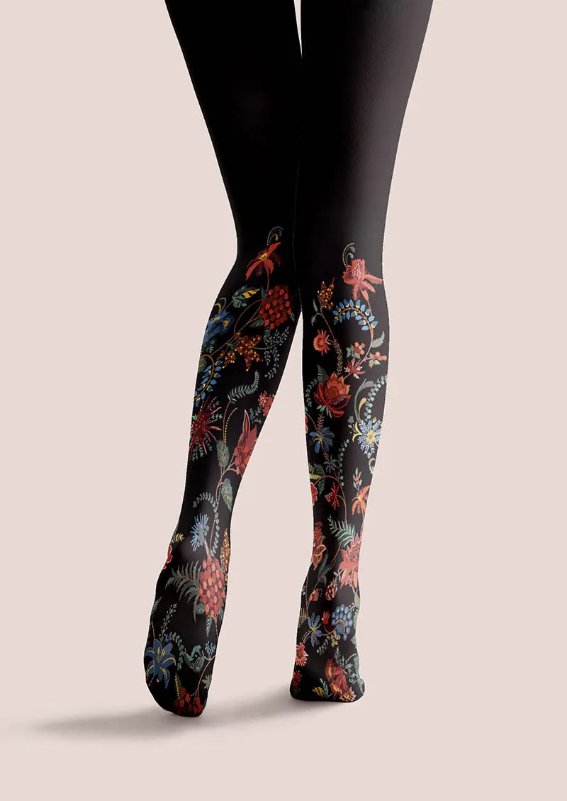 Viken Plan Exotic Floral Black Tights Hosiery Pantyhose
