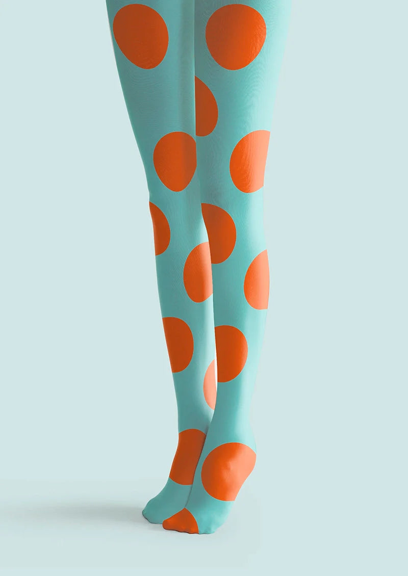 Viken Plan Aqua Blue & Orange Polka Dots Tights Hosiery Pantyhose