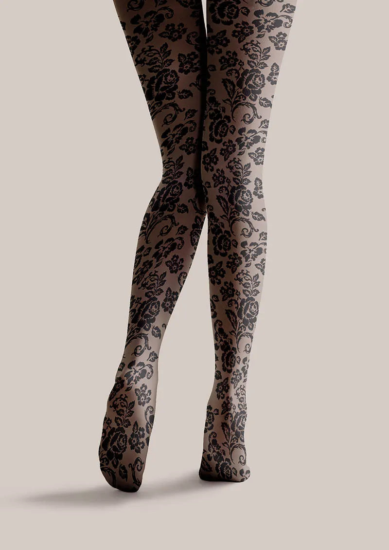 Viken Plan Flower Print Dark Bloom Tights Hosiery Pantyhose