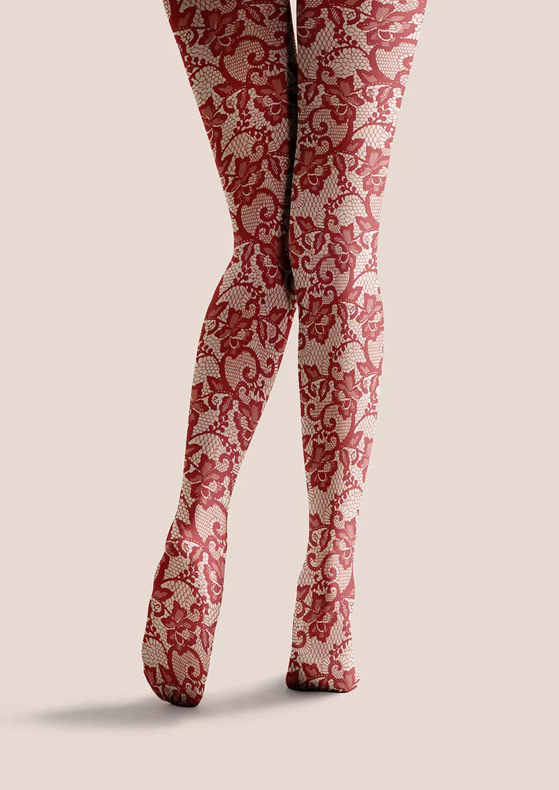 Viken Plan Lace Print Scarlet Bloom Tights Hosiery Pantyhose