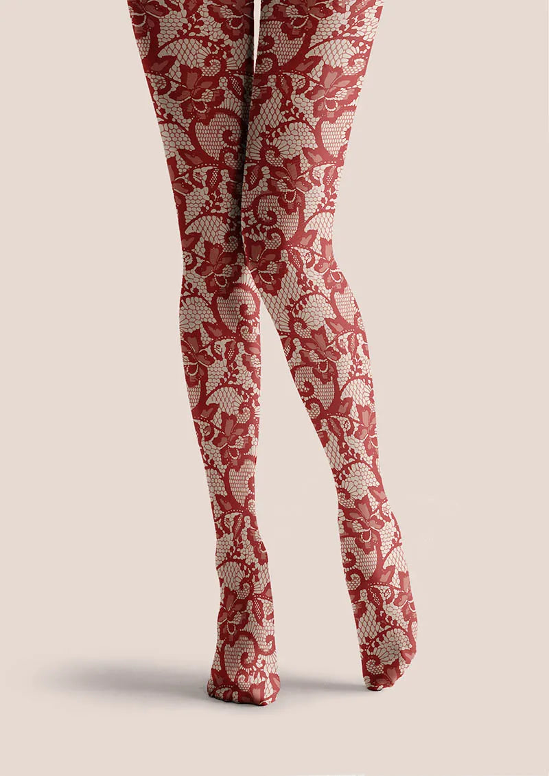 Viken Plan Lace Print Scarlet Bloom Tights Hosiery Pantyhose