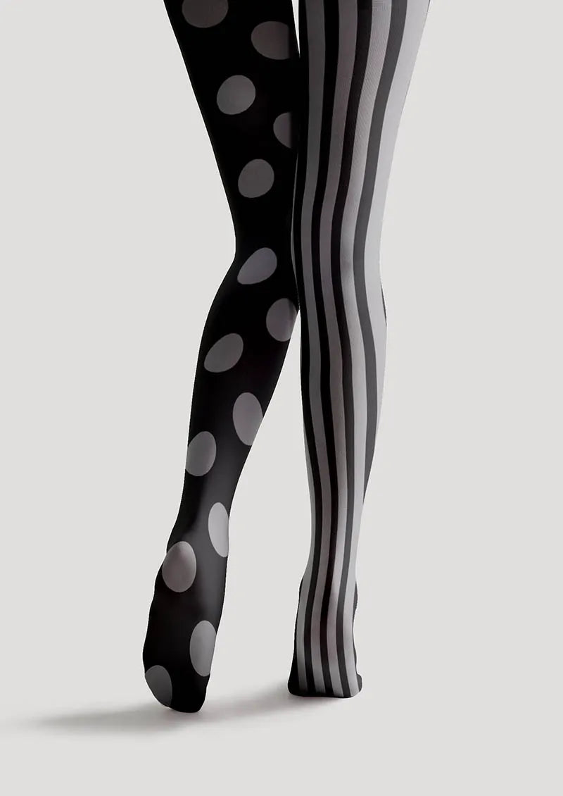 Viken Plan Black-Grey Stripe Dot Tights Hosiery Pantyhose