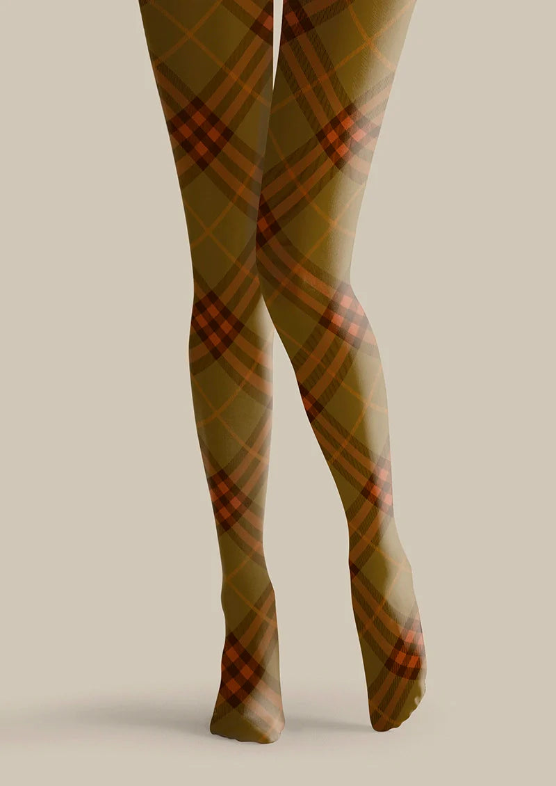 Viken Plan Olive green-Orange Maillard  Check Tights Hosiery Pantyhose