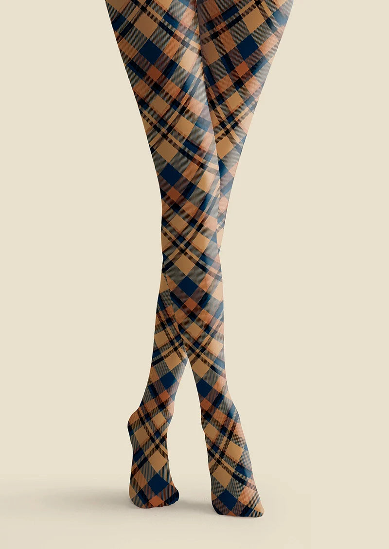 Viken Plan Brown- blue  stripes Checked Tights Hosiery Pantyhose