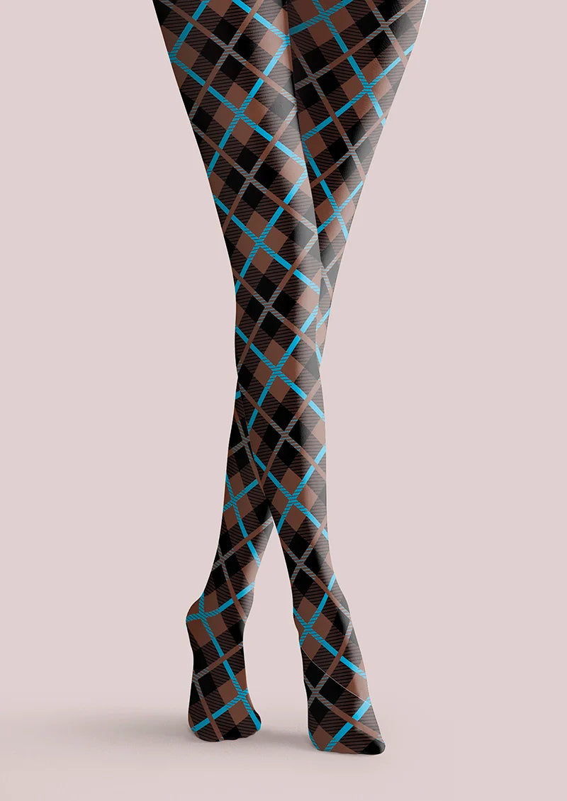 Viken Plan Brown Blue Check College Tights Hosiery Pantyhose