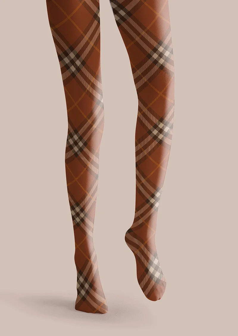 Viken Plan Cappuccion brown Maillard  Check Tights Hosiery Pantyhose