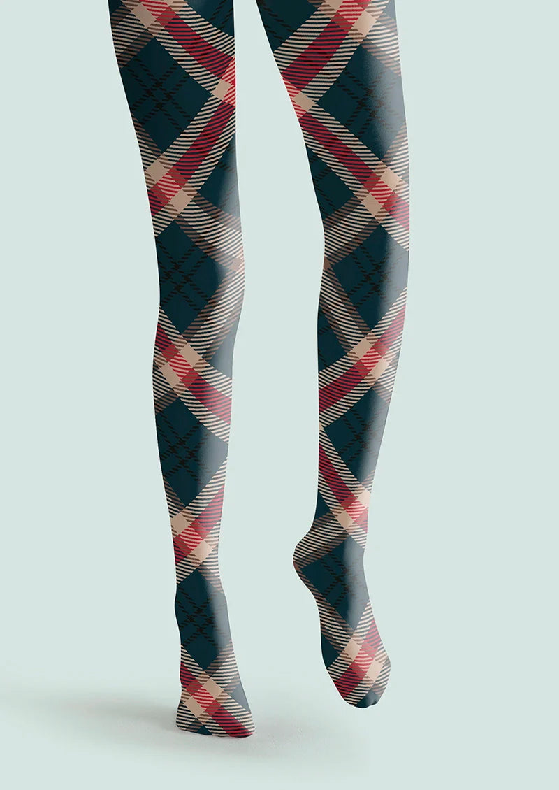 Viken Plan Deep Blue-khaki-red Striped Check Tights Hosiery Pantyhose
