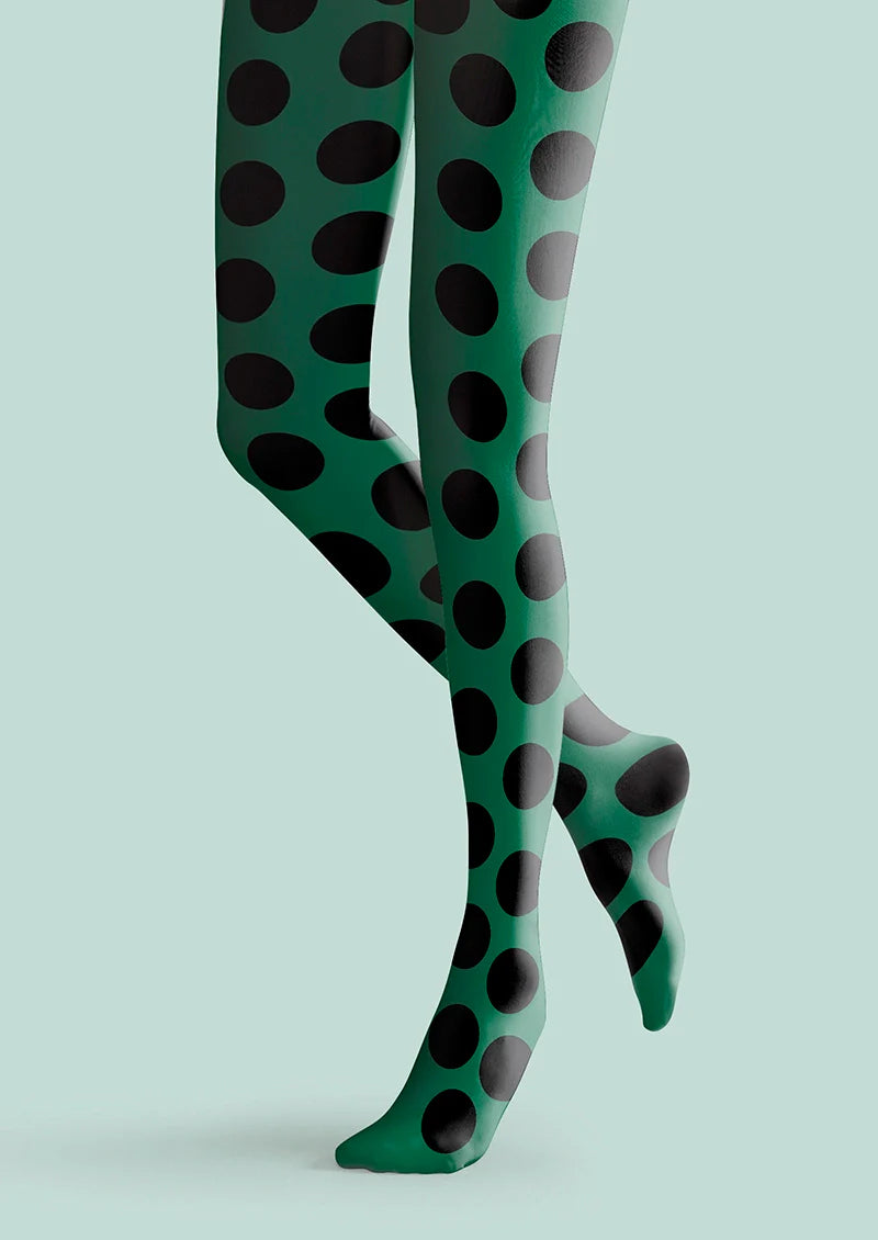 Viken PlanGreen & Black Polka Dots Tights Hosiery Pantyhose