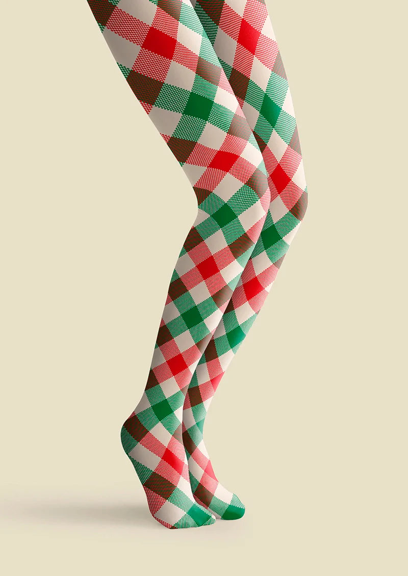 Viken Plan Christmas red-green stripes Checked pattern Tights Hosiery Pantyhose