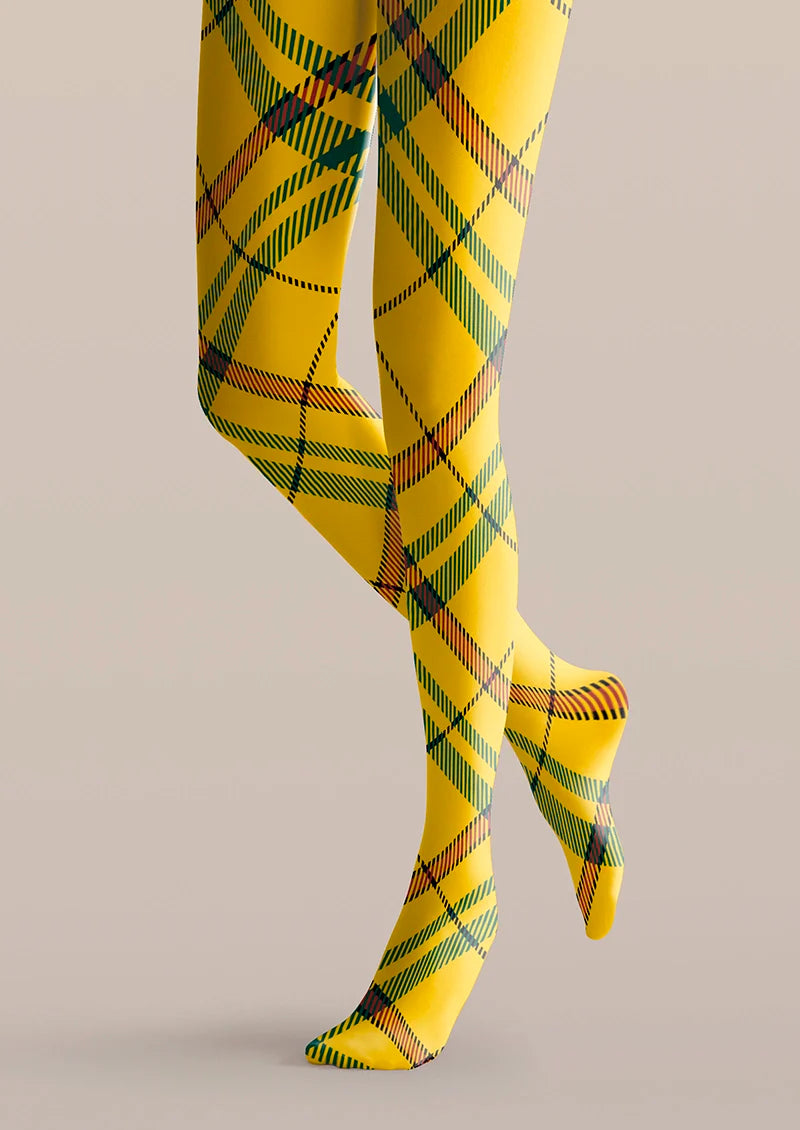 Viken Plan Yellow Striped Check Tights Hosiery Pantyhose