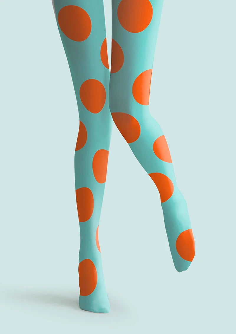 Viken Plan Aqua Blue & Orange Polka Dots Tights Hosiery Pantyhose