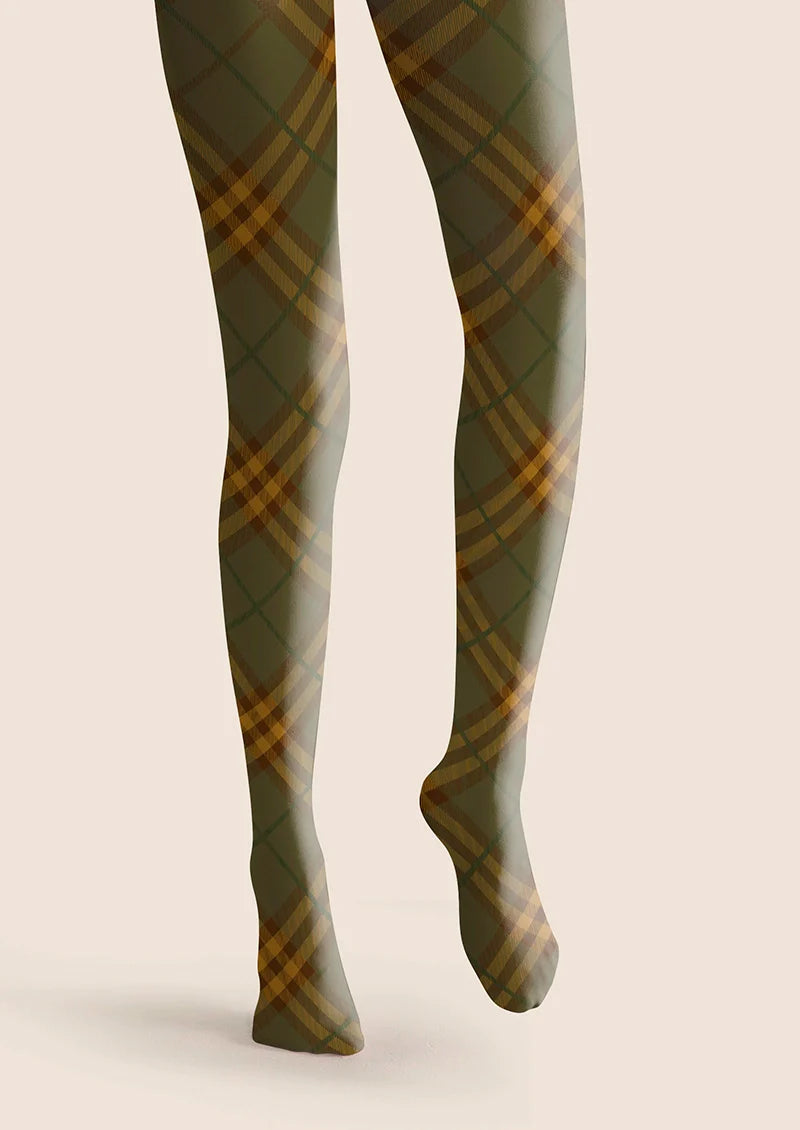 Viken Plan Olive green Maillard Check Tights Hosiery Pantyhose