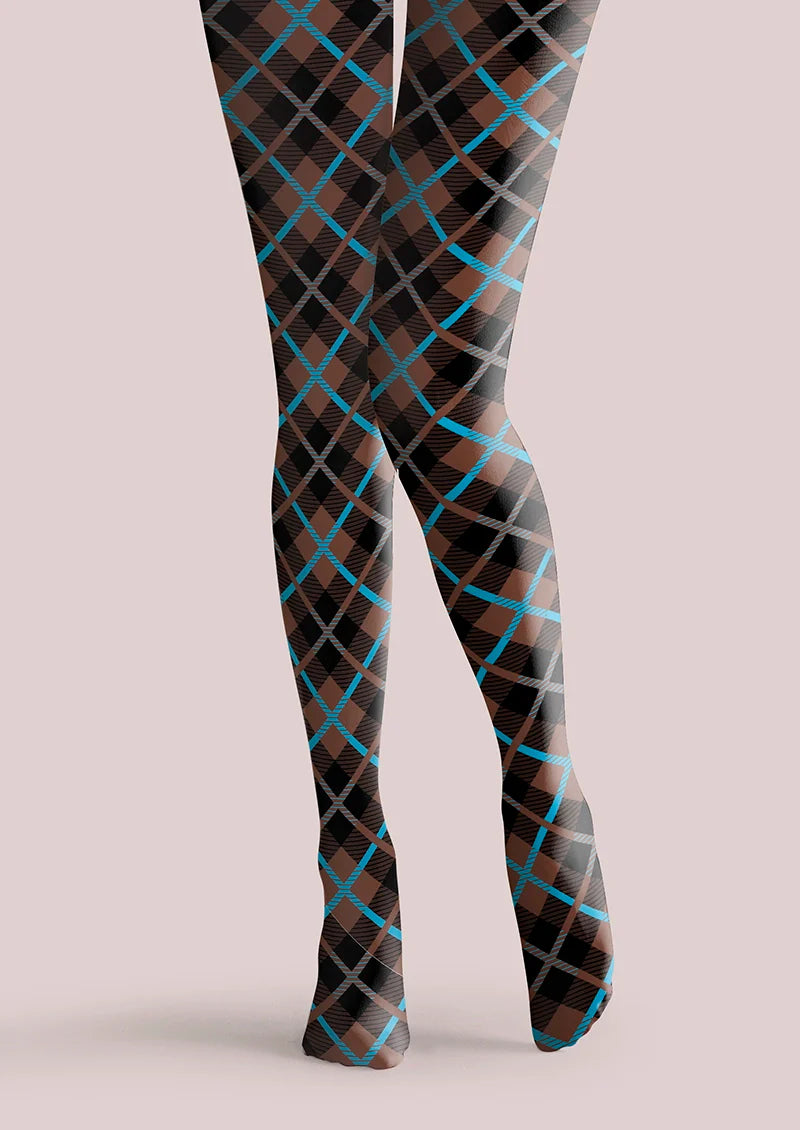 Viken Plan Brown Blue Check College Tights Hosiery Pantyhose