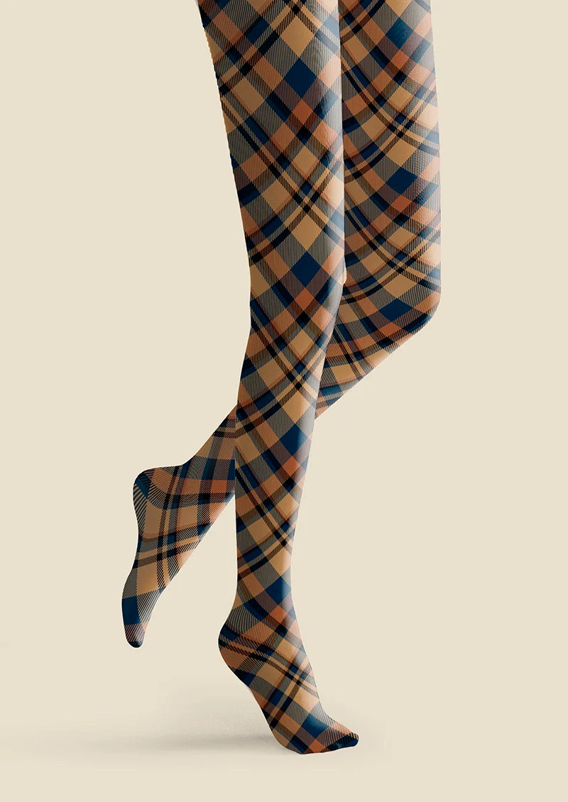 Viken Plan Brown- blue  stripes Checked Tights Hosiery Pantyhose