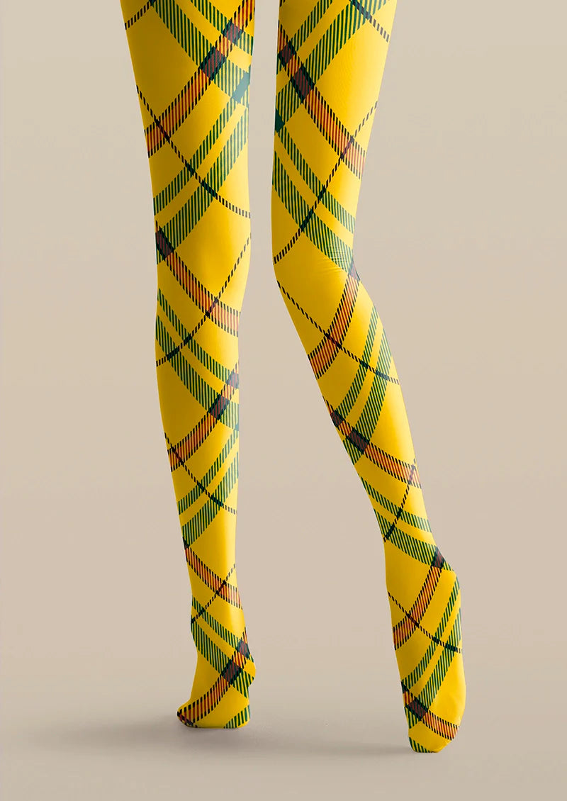 Viken Plan Yellow Striped Check Tights Hosiery Pantyhose