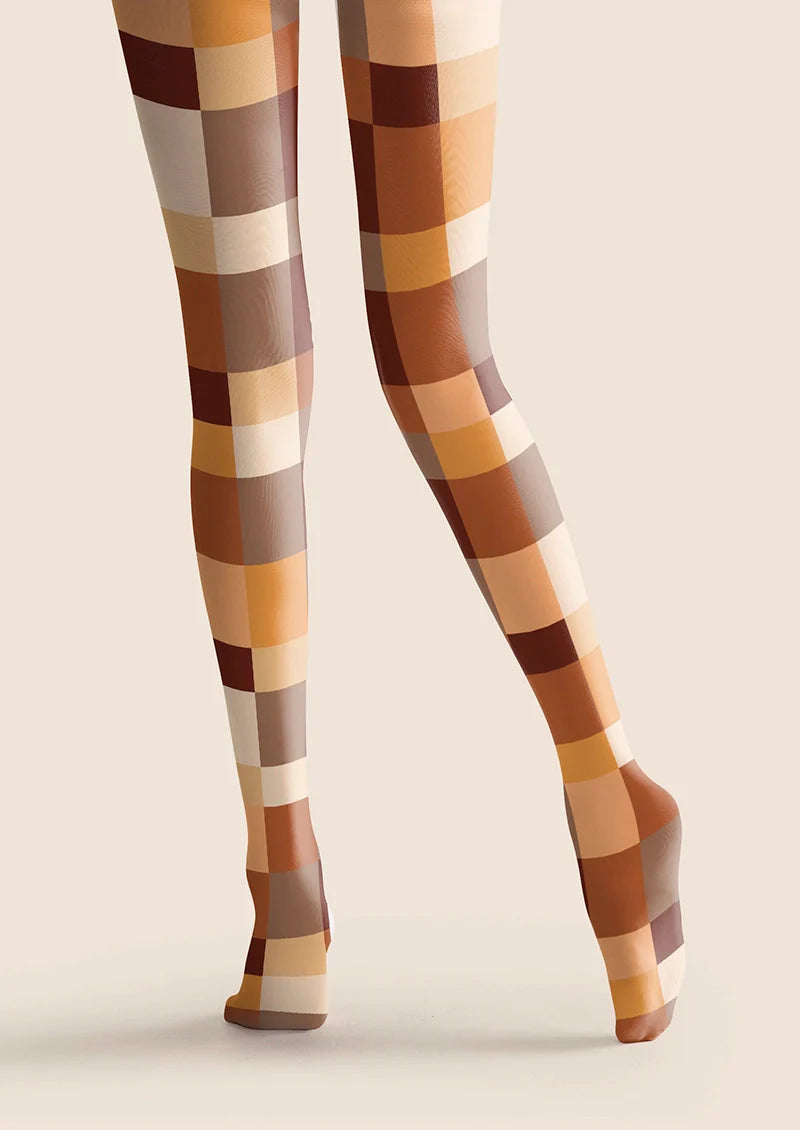 Viken Plan Caramel Checked Tights Hosiery Pantyhose