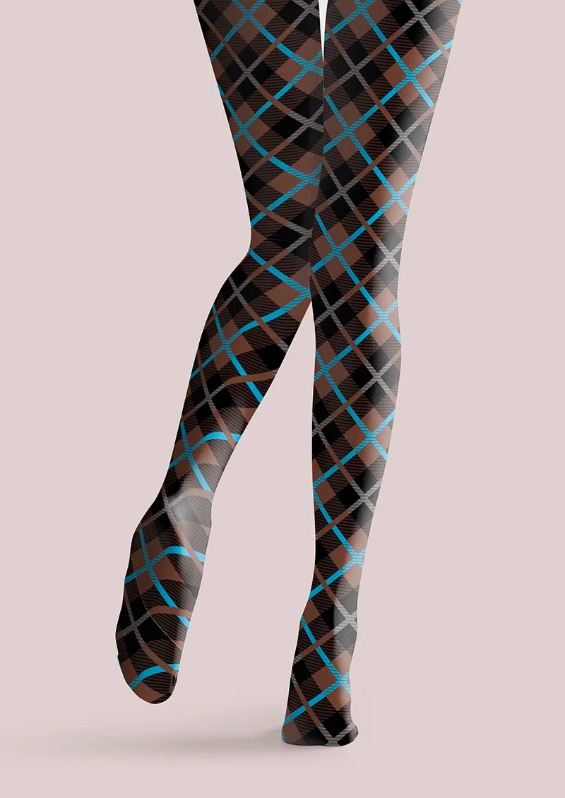 Viken Plan Brown Blue Check College Tights Hosiery Pantyhose