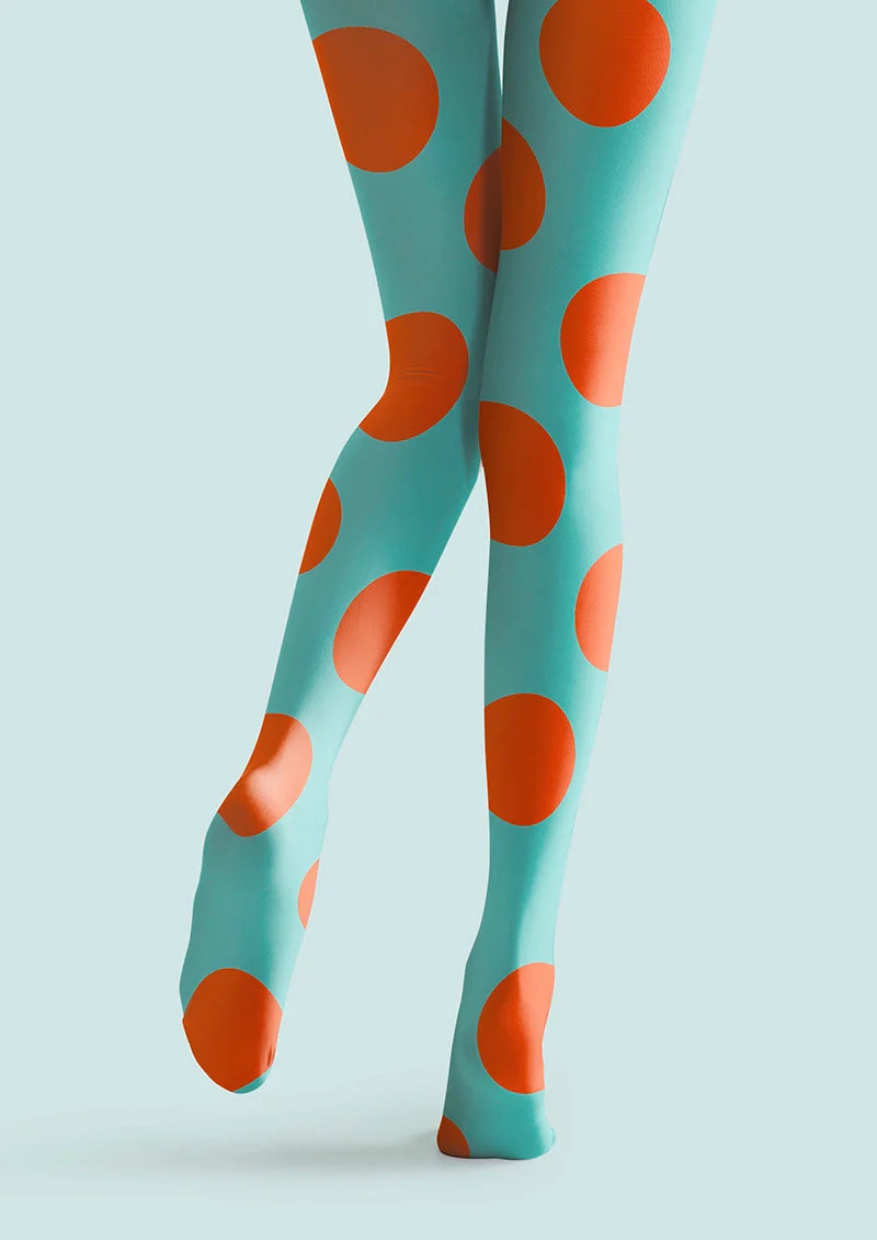 Viken Plan Aqua Blue & Orange Polka Dots Tights Hosiery Pantyhose