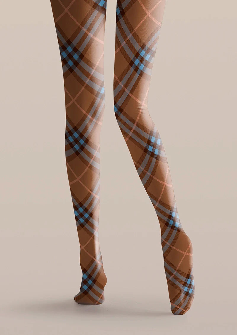 Viken Plan Brown-blue Maillard Check Tights Hosiery Pantyhose