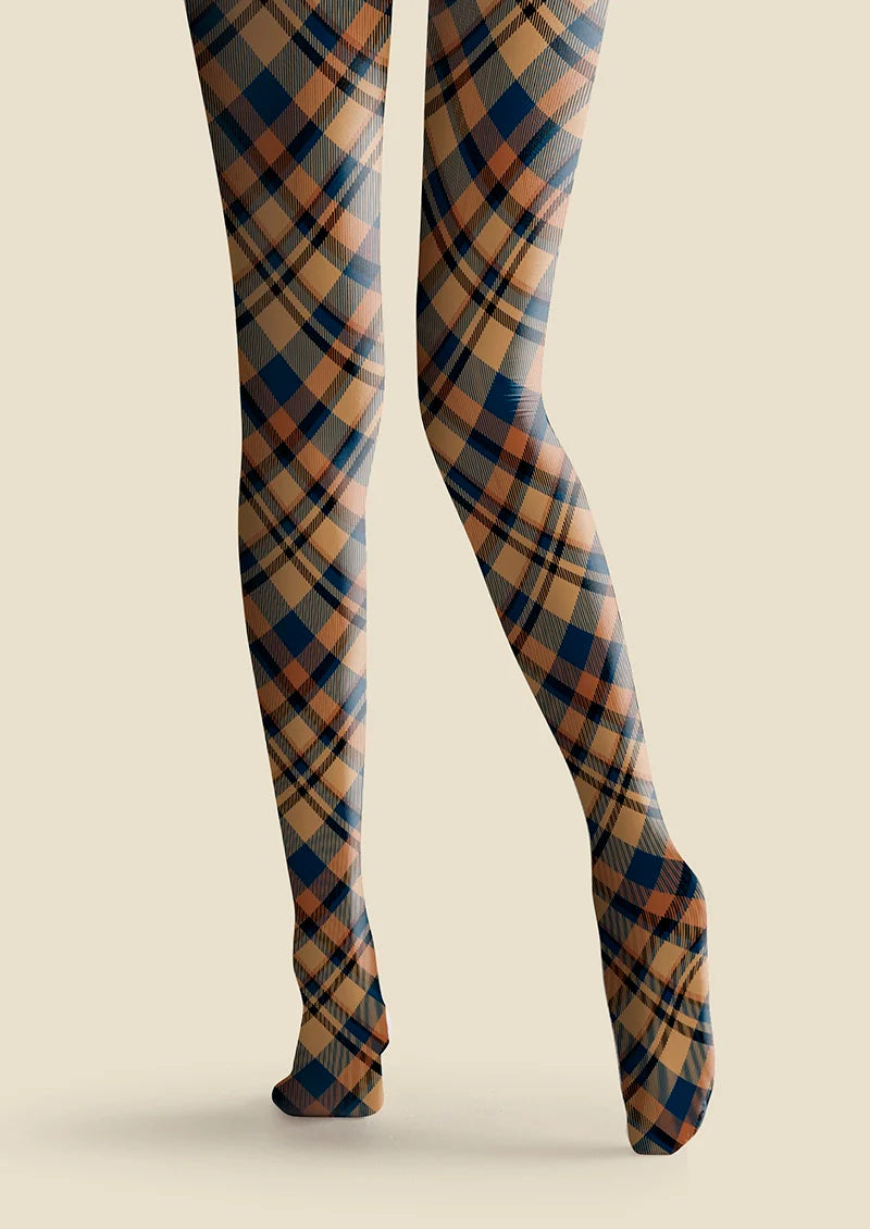 Viken Plan Brown- blue  stripes Checked Tights Hosiery Pantyhose