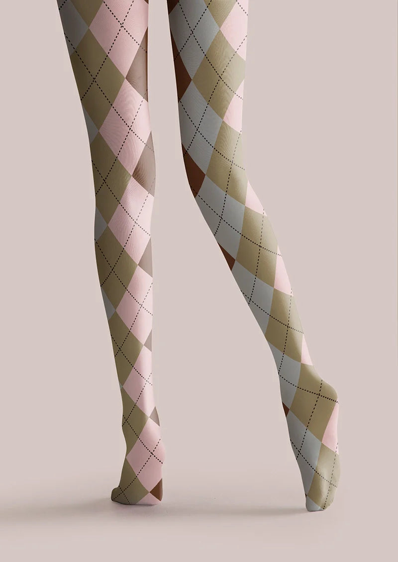 Viken Plan Pinkish Yellow Plaid Tights Hosiery Pantyhose