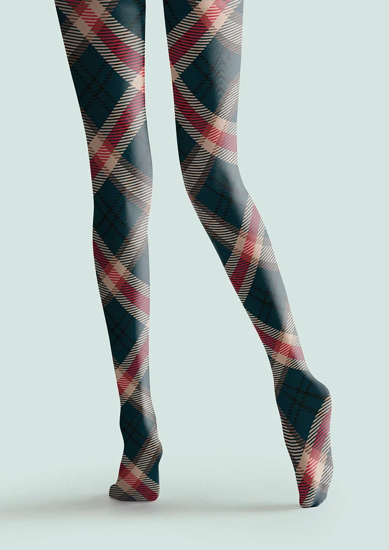 Viken Plan Deep Blue-khaki-red Striped Check Tights Hosiery Pantyhose