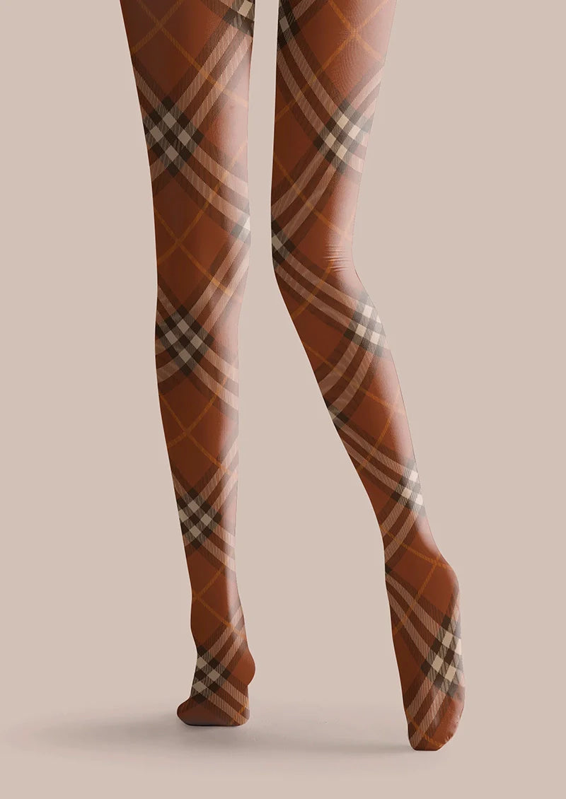 Viken Plan Cappuccion brown Maillard  Check Tights Hosiery Pantyhose