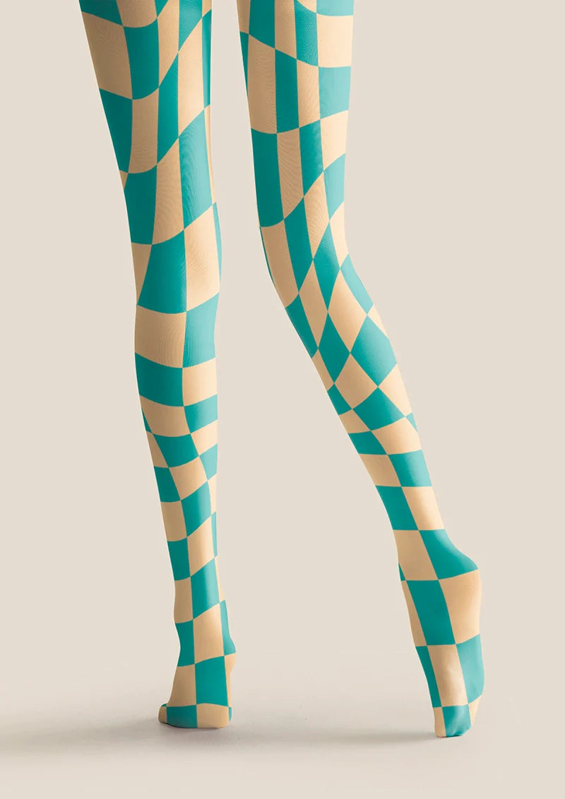 Viken Plan Aqua Green Checked Tights Hosiery Pantyhose