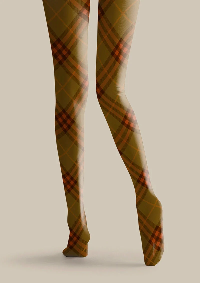 Viken Plan Olive green-Orange Maillard  Check Tights Hosiery Pantyhose